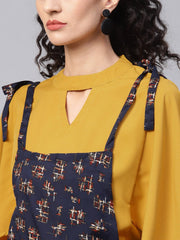 Navy Blue Geometric Printed Knot style Dungree with Mustard Top