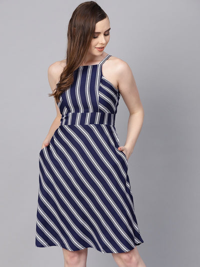 Navy Blue Striped Shoulder Strap Dress