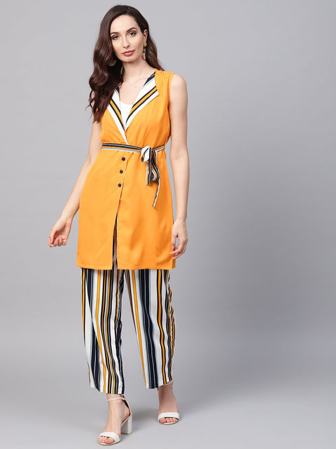 Solid yellow Jacket & Stripped Palazzo Clothing set