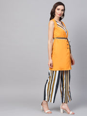 Solid yellow Jacket & Stripped Palazzo Clothing set