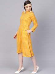 Yellow & white Striped Dress with Madarin Collar & Full Sleeves