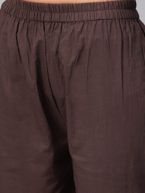 Dark Brown solid Kurta Set With Pants  & Printed Dupatta
