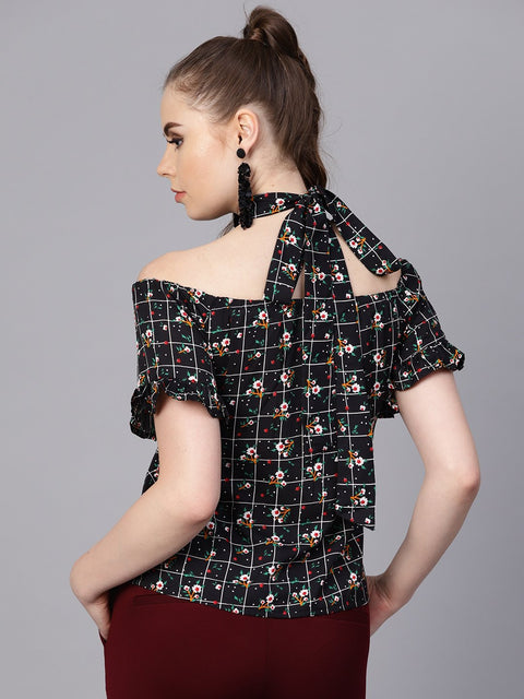 Black Checked floral top with Halter neck & half sleeves