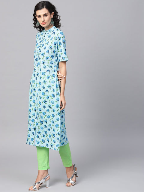 Cotton light Blue Floral printed Kurta Set with Solid light Green Pants