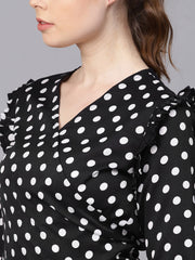 Black Polka dots top with Detailed Sleeves & V-neck