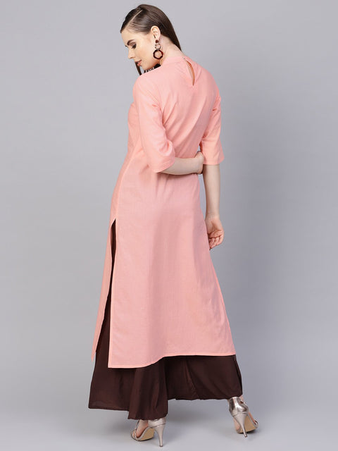Solid peach kurta with closed collar and pleats in yoke