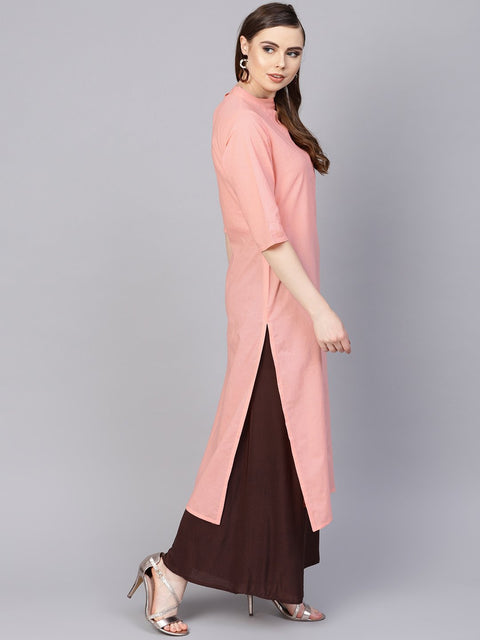 Solid peach kurta with closed collar and pleats in yoke
