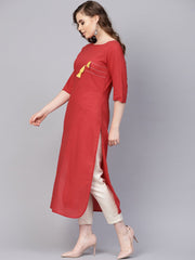 Solid red kurta with thread stitch and tassels detailing with a round neck and 3/4th sleeves