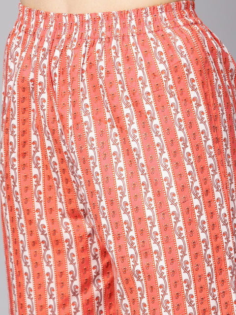 Coral Pink Floral print Kurta Set with pants