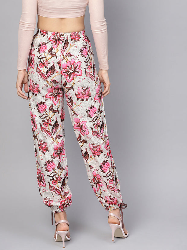Women Off-White & Pink Floral Printed Trouser