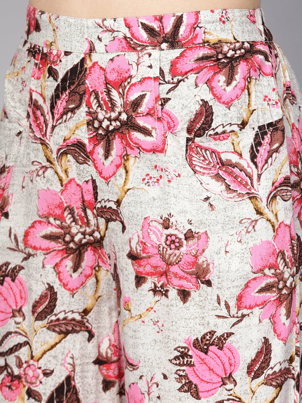 Women Off-White & Pink Floral Printed Trouser
