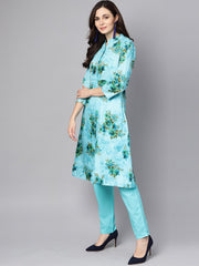 Sky blue Floral Printed Kurta set with Solid pants