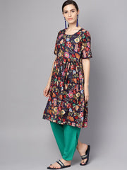 Navy Blue Multi Colored pleated Kurta with Solid Tulip Pants