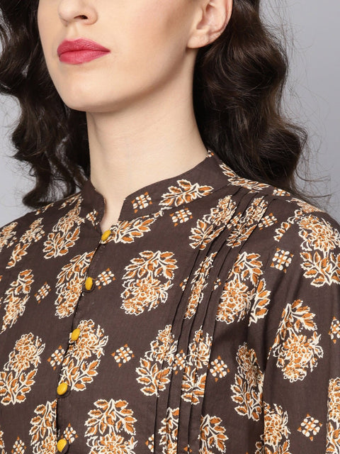 Chocolate Brown Printed Tunic with Madarin Collar and 3/4 sleeves