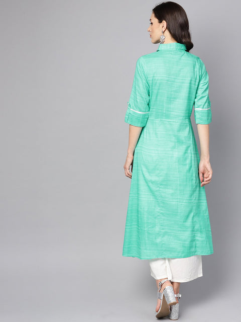 Turquoise Blue A-line Kurta with Shirt collar & 3/4 sleeves