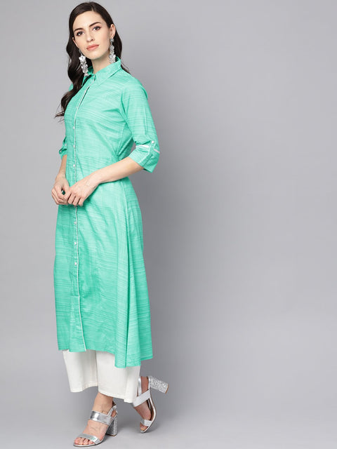 Turquoise Blue A-line Kurta with Shirt collar & 3/4 sleeves
