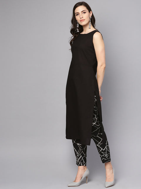 Solid Black Sleeveless Kurta Set with Printed Pants