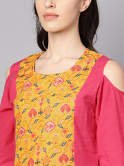 Yellow Patola Printed cold shoulder sleeve cotton Kurta with solid flared Palazzo