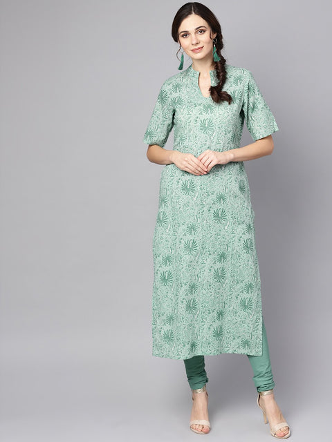 Pastel Green Kurta with stand collar & 3/4 sleeves with Churidar