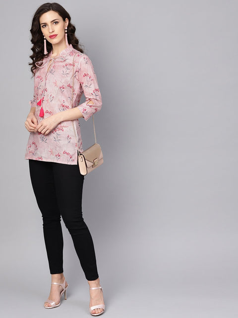 Baby Pink printed 3/4th sleeve cotton tunic