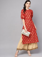 Red printed half sleeve cotton straight kurta