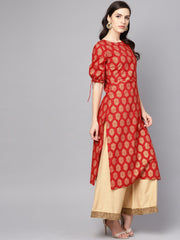 Red printed half sleeve cotton straight kurta