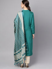 Teal blue 3/4th sleeve cotton kurta with Beige palazzo and printed dupatta