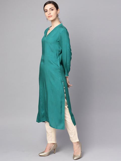 Teal blue 3/4th sleeve cotton kurta with Beige palazzo and printed dupatta