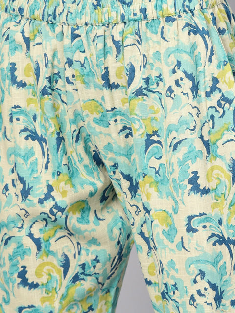 Blue printed 3/4th sleeve cotton kurta with printed palazzo and dupatta
