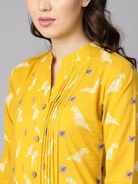 Mustard yellow white khadi bird print kurta with pleats detailing