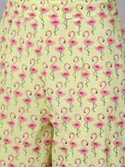 Flamingo bird print anarkali with side dori and pom pom lace detailing with flamingo bird printed pants