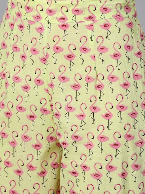Flamingo bird print anarkali with side dori and pom pom lace detailing with flamingo bird printed pants
