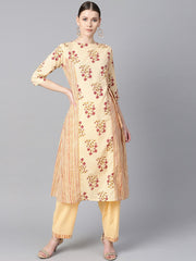Floral Printed kurta with Striped panels with solid light beige Salwar
