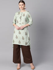 Floral printed assymetrical kurta with solid chocolate brown palazzo