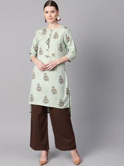 Floral printed assymetrical kurta with solid chocolate brown palazzo
