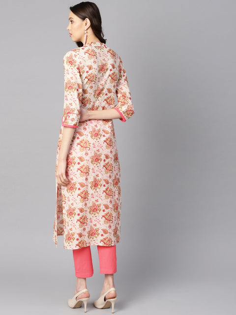 Multi colored floral printed straight kurta with detailed cuff with solid pink pants