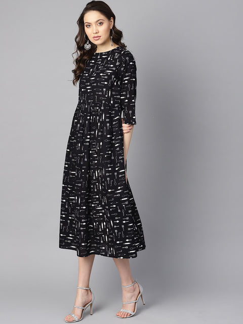 Quirky spoon print box pleated dress with frilled sleeves