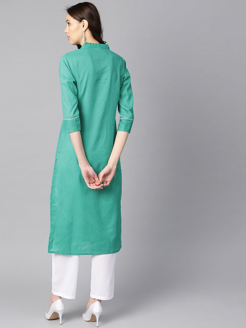 Solid Green tagai-work straight kurta with detailing on the cuff with white straight pants