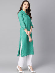Solid Green tagai-work straight kurta with detailing on the cuff with white straight pants