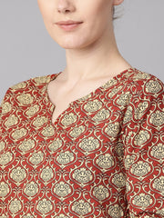 Maroon floral printed kurta with draw string detailed sleeves and pale yellow pants