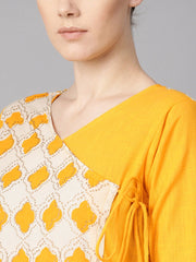 Printed yoke Angrakha style 3/4th sleeve yellow colored maxi.