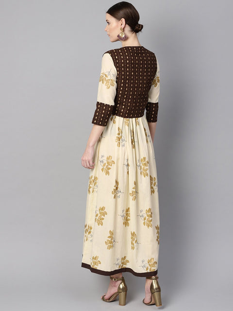 White floral gold printed round neck 3/4th sleeve printed maxi with brown geometrical gold printed jacket.