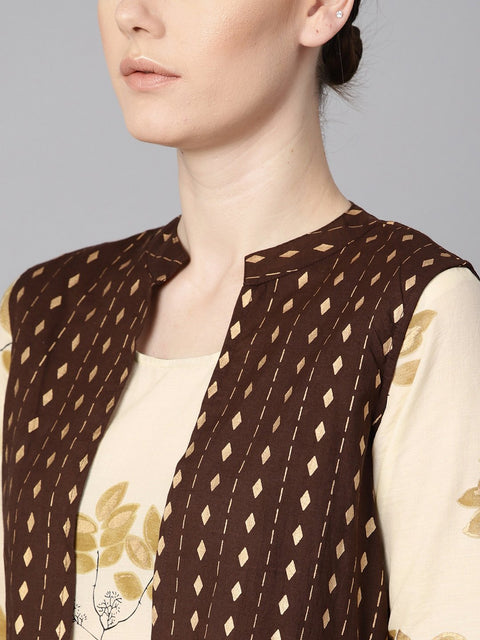White floral gold printed round neck 3/4th sleeve printed maxi with brown geometrical gold printed jacket.