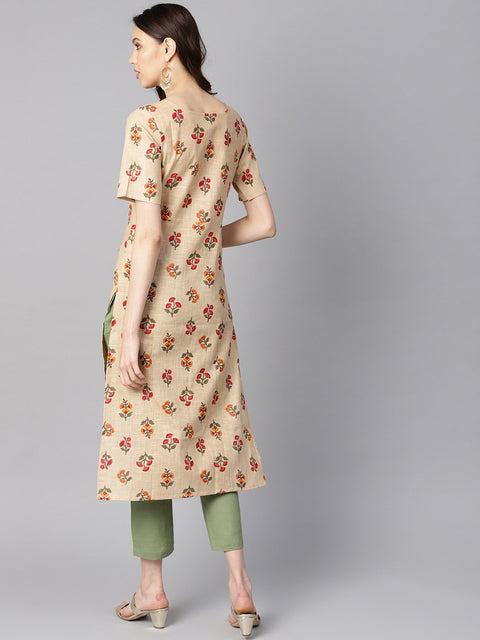 Beige floral printed  Boat neck half sleeve straight kurta with solid pants.