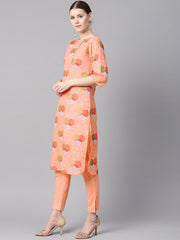 Peach color polka dots printed Boat neck with side keyhole  3/4th sleeve kurta and solid cigratee pants.