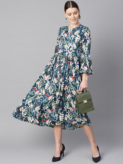 Blue multicolored quirky floral printed high neck back hook closure 3/4th flared sleeves gathered dress.