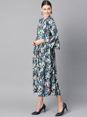 Blue multicolored quirky floral printed high neck back hook closure 3/4th flared sleeves gathered dress.
