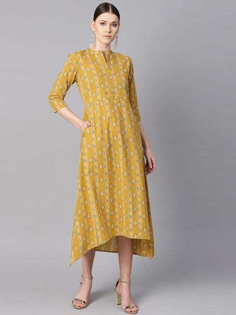 Mustard yellow color ikat printed chinese collar dress with placket opening.