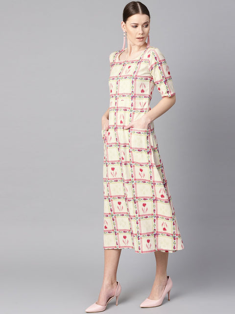 White floral ikat print Square neck Aline dress with front pockets.