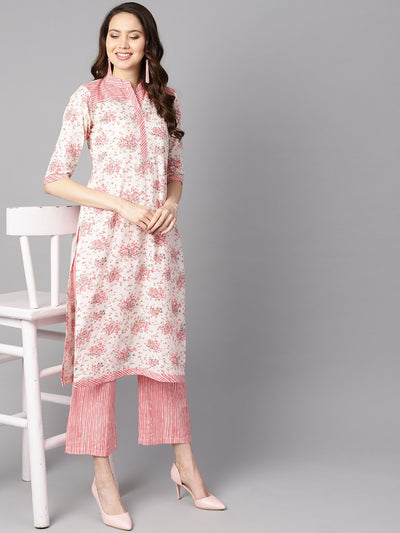Off-white floral printed straight kurta with stripped yoke and cigratte pants.